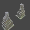 Ancient Traditional Stone Lion Statues With Intricate Carved Details On Pedestals