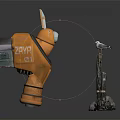 Futuristic Orange Robot ZIRA 01 with Mechanical Antennas and Bird Perched on Pole with Rocks