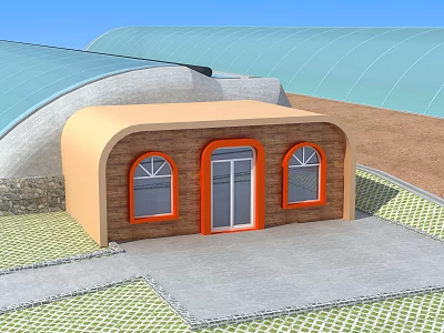 Industrial Workshop With Curved Roof Orange Brown Exterior Arched Windows Double Doors And Stone Wall 3d model
