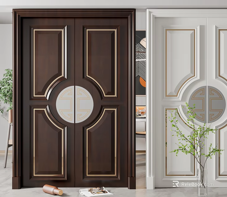Elegant Modern Double Doors Interior Design With Brown White Gold Accents And Circular Patterns 3d model