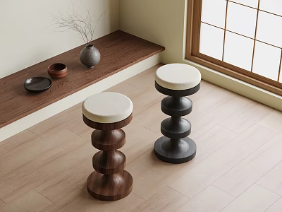 Wooden Bar Counter With Brown Black Bar Stools White Cushions Vase And Bowls Near Window 3d model