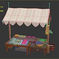 Wooden Market Stall With White Awning Colorful Fabrics Orange Fruits And Wooden Bucket