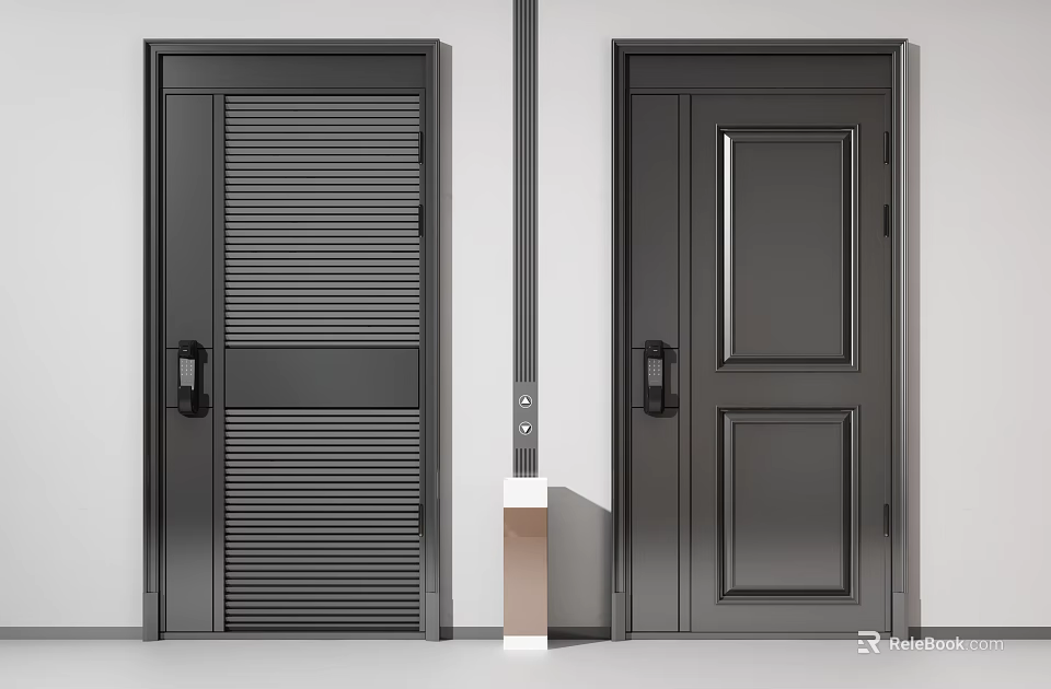 Modern Black Swing Doors With Vertical Striped And Flat Panel Designs 3d model 