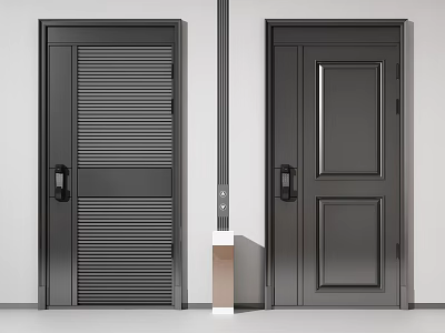 Modern Black Swing Doors With Vertical Striped And Flat Panel Designs 3d model
