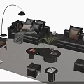 Modern Brown Leather Sofa Coffee Table Set With Ottomans Floor Lamp And Throw Pillows 3d model