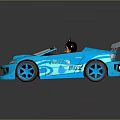 Blue Sporty Convertible Racing Car With Cartoon Character Driver And Rear Spoiler