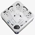 Modern White Square Whirlpool Bathtub With Bubbling Water Jets Control Panel And Blue Accents
