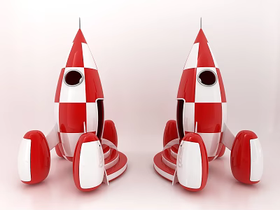 Two Red White Checkered Rocket Models With Symmetric Design And Decorative Features 3d model