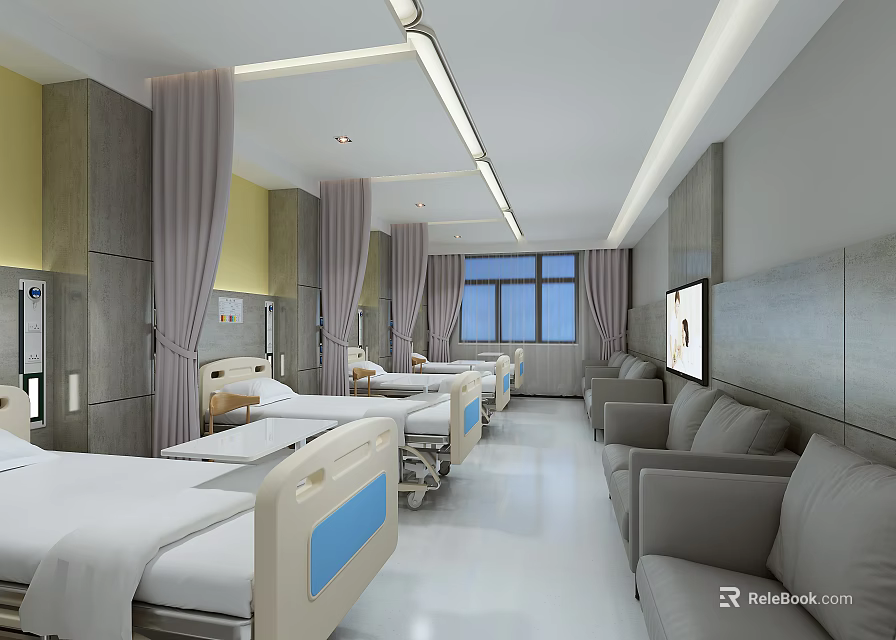Modern Hospital Ward Interior With Beds Sofas Curtains Windows And Medical Equipment 3d model 