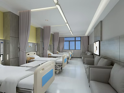 Modern Hospital Ward Interior With Beds Sofas Curtains Windows And Medical Equipment 3d model