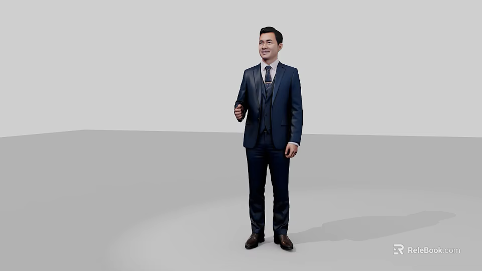 Man in Dark Blue Suit With Tie Standing Against Gray Background 3d model 