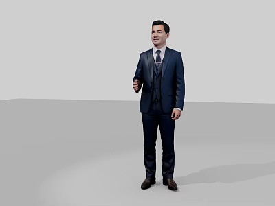 Man in Dark Blue Suit With Tie Standing Against Gray Background 3d model