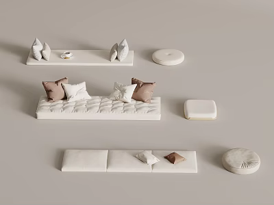 Modern White Sofa Set With Brown Pillows And Round Cushioned Ottomans 3d model