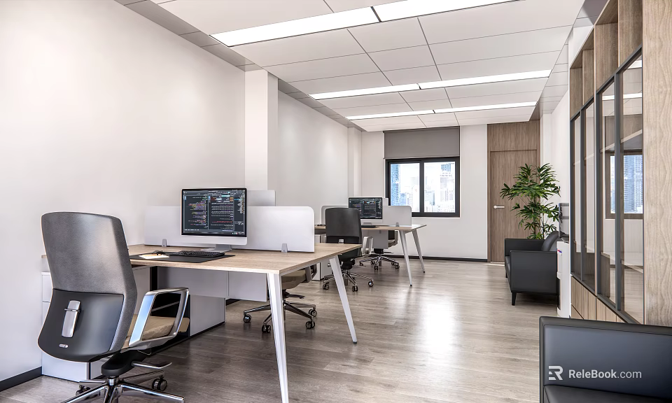 Modern Spacious Public Office Space With Desks Computers Office Chairs And Plants 3d model 