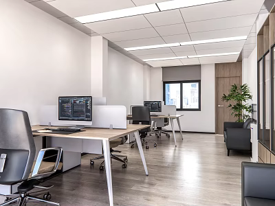 Modern Spacious Public Office Space With Desks Computers Office Chairs And Plants 3d model