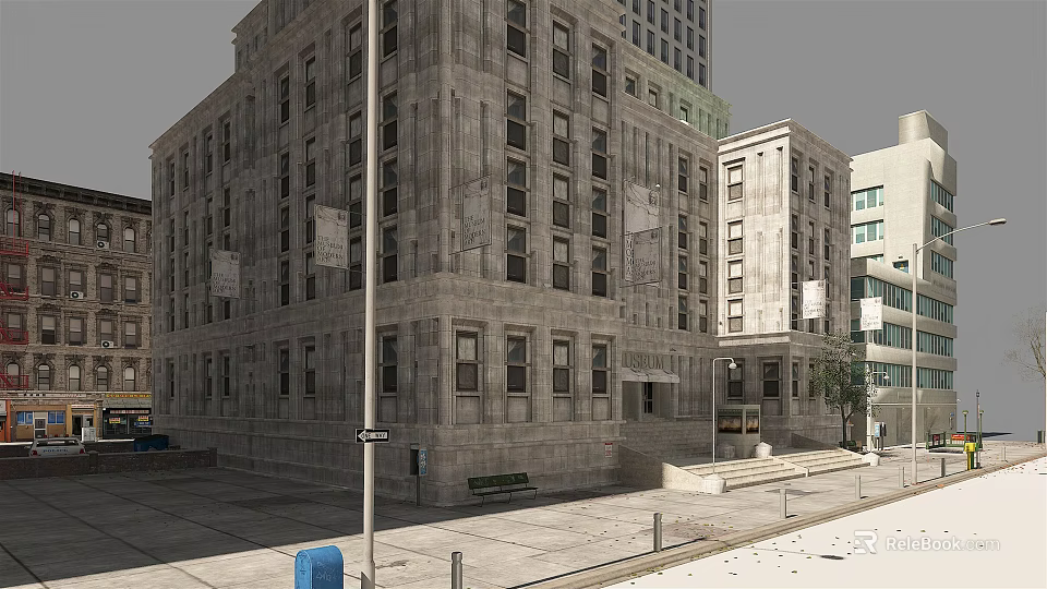 Gray Stone Multi Story Building With Large Windows Front Steps And Bench 3d model 