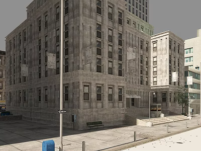 Gray Stone Multi Story Building With Large Windows Front Steps And Bench 3d model