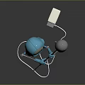 Blue Humanoid Sculpture Holding Silver Helmet Like Object With White Cables Connected To Square Device