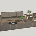 Modern Sofa Coffee Table Set With Wooden Frame Light Gray Cushions Round Table Potted Plant