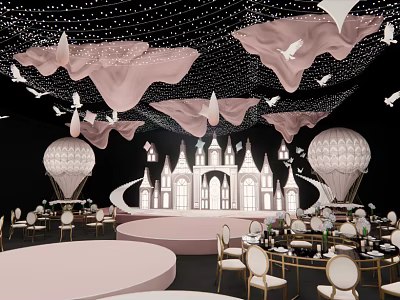 Elegant Banquet Hall With Pink Decorations Hot Air Balloons Castle Stage String Lights And Butterflies 3d model