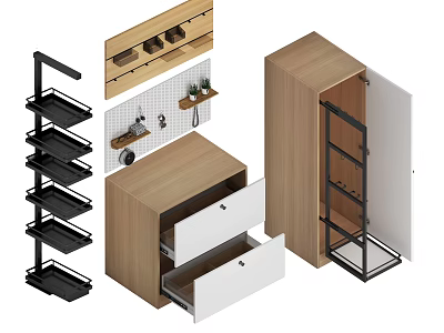 Modern Wooden Storage Racks With Multi Tiered Shelves Metal Frames And Open Drawers 3d model