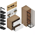Modern Wooden Storage Racks With Multi Tiered Shelves Metal Frames And Open Drawers