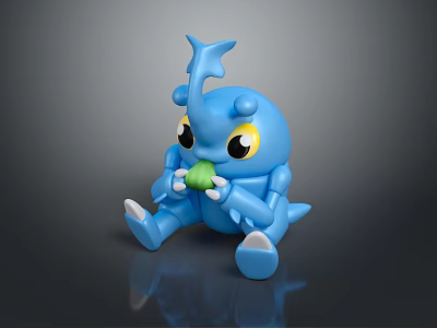 Adorable Blue Small Body Cartoon Game Movie Character Sitting With Big Eyes Holding Green Item 3d model