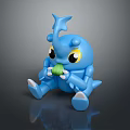 Adorable Blue Small Body Cartoon Game Movie Character Sitting With Big Eyes Holding Green Item