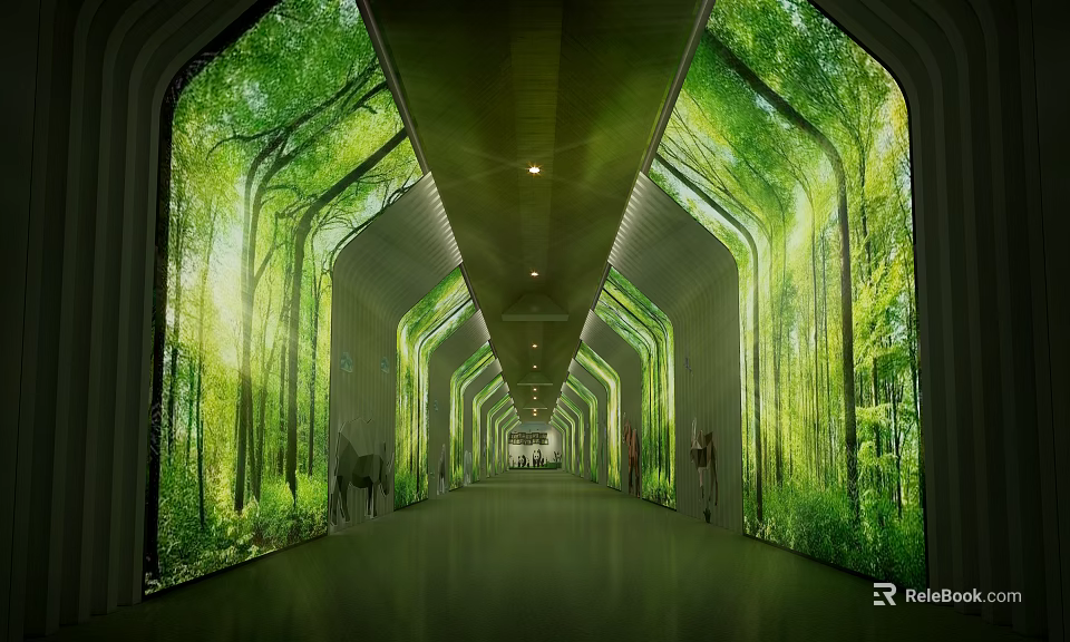 Modern Elevator Corridor With Lush Green Forest Themed Walls And Bright Ambient Lighting 3d model 