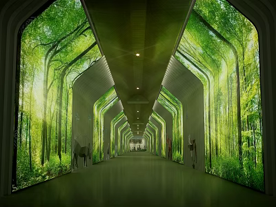 Modern Elevator Corridor With Lush Green Forest Themed Walls And Bright Ambient Lighting 3d model