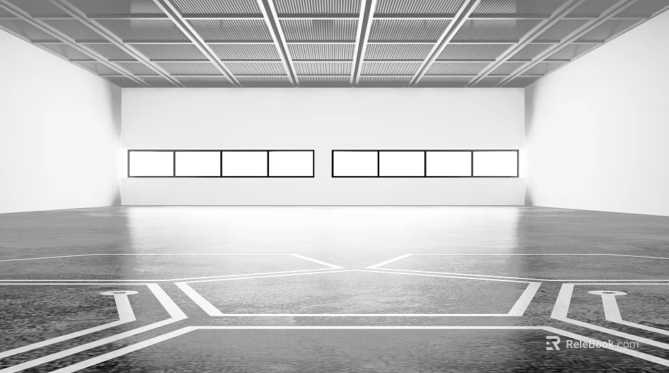 Empty Interior Space With White Walls Grid Ceiling And White Floor Lines 3d model 