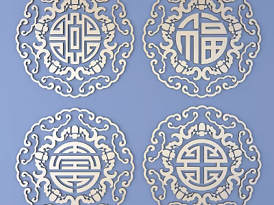 Traditional Chinese Circular Carvings with Fortune Longevity Characters and Ornate Patterns on Blue Background 3d model
