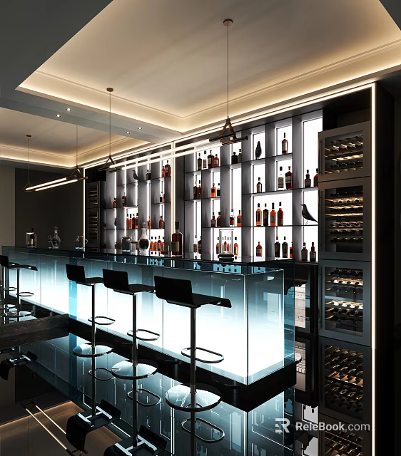 Elegant Wine Cellar Interior With Displayed Bottles Bar Counter And Modern Lighting 3d model