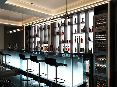 Elegant Wine Cellar Interior With Displayed Bottles Bar Counter And Modern Lighting 3d model