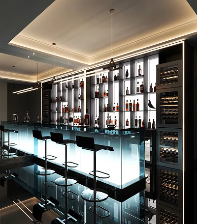 Elegant Wine Cellar Interior With Displayed Bottles Bar Counter And Modern Lighting 3d model