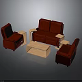 Red Leather Sofa and Armchairs with Wooden Coffee Table Furniture Set
