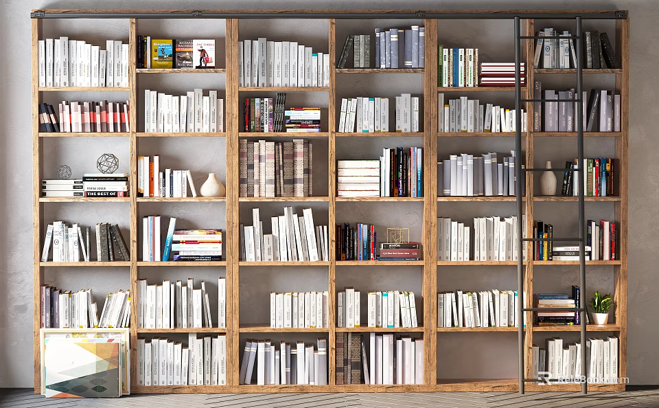 Large Wooden Bookcase With Multiple Shelves Filled With Books And Decorative Items 3d model 