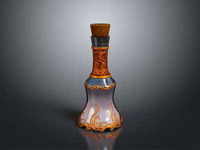 Decorative Household Bottle With Wooden Cap And Ornate Blue Orange Curved Carvings 3d model