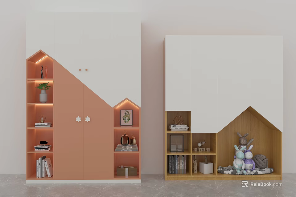White and Orange Wooden Wardrobes with Open Shelves LED Lights and Decorative Storage 3d model 