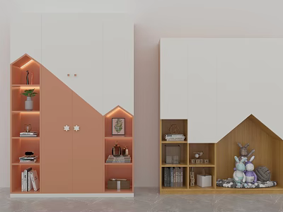 White and Orange Wooden Wardrobes with Open Shelves LED Lights and Decorative Storage 3d model