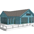 Charming Blue Cottage Building With Gray Roof Large Windows White Deck And Green Lawn
