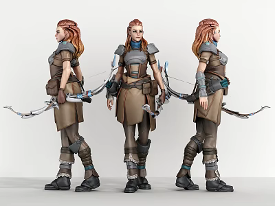 Red Haired Female Game Movie Character In Brown Outfit With Bow And Arrow 3d model