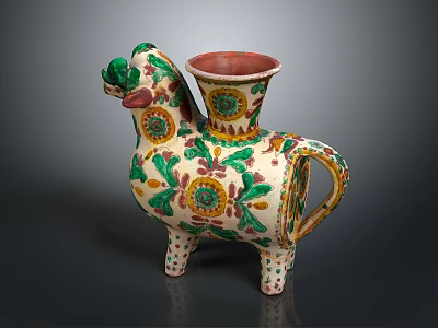Ceramic Animal Vessel With Colorful Floral Patterns Green Yellow Accents Three Legs Red Rimmed Top 3d model