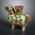 Ceramic Animal Vessel With Colorful Floral Patterns Green Yellow Accents Three Legs Red Rimmed Top