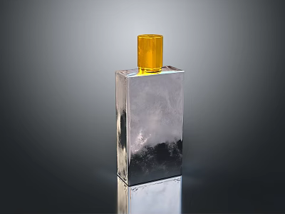 Elegant Silver Perfume Bottle With Yellow Cap On Black Reflective Surface 3d model