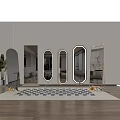Modern Mirrors With Various Shapes And Golden Frames In Room With Checkered Rug And Plants