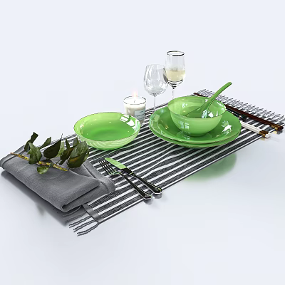 Green Tableware Set with Bowls Plates Wine Glasses Candle Gray Napkin on Striped Placemat 3d model