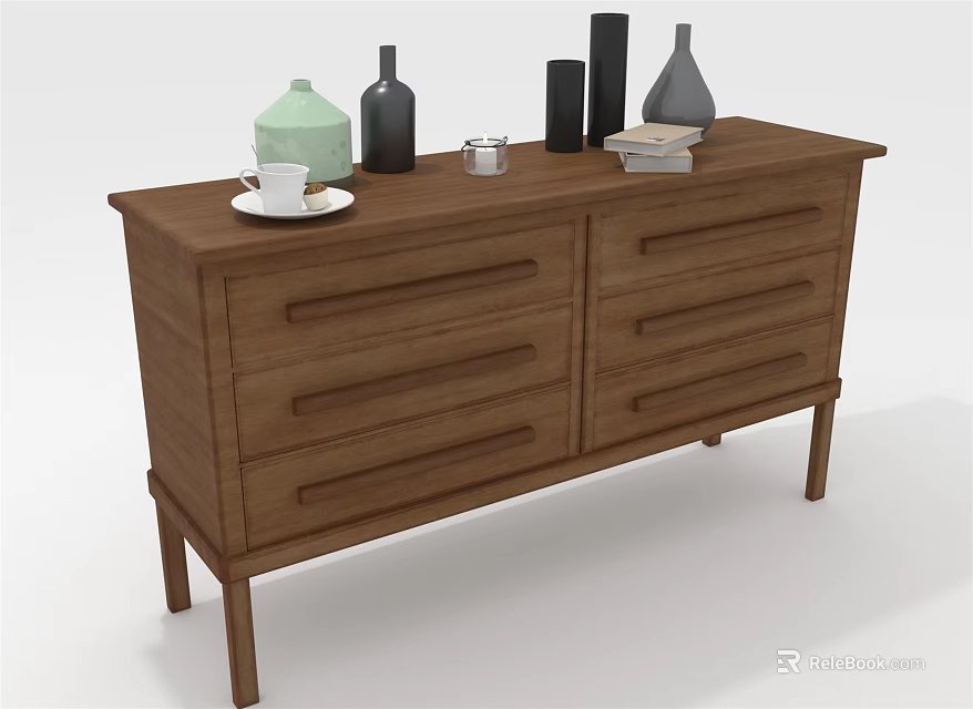 Wooden Console Table with Drawers Decorative Vases Candle Books and Cup on Top 3d model 