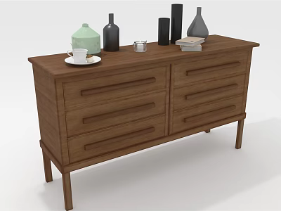 Wooden Console Table with Drawers Decorative Vases Candle Books and Cup on Top 3d model