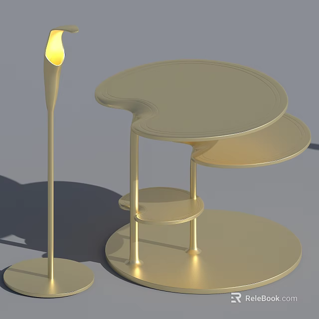Elegant Golden Multi Tiered Circular Side Table With Modern Floor Lamp Design 3d model